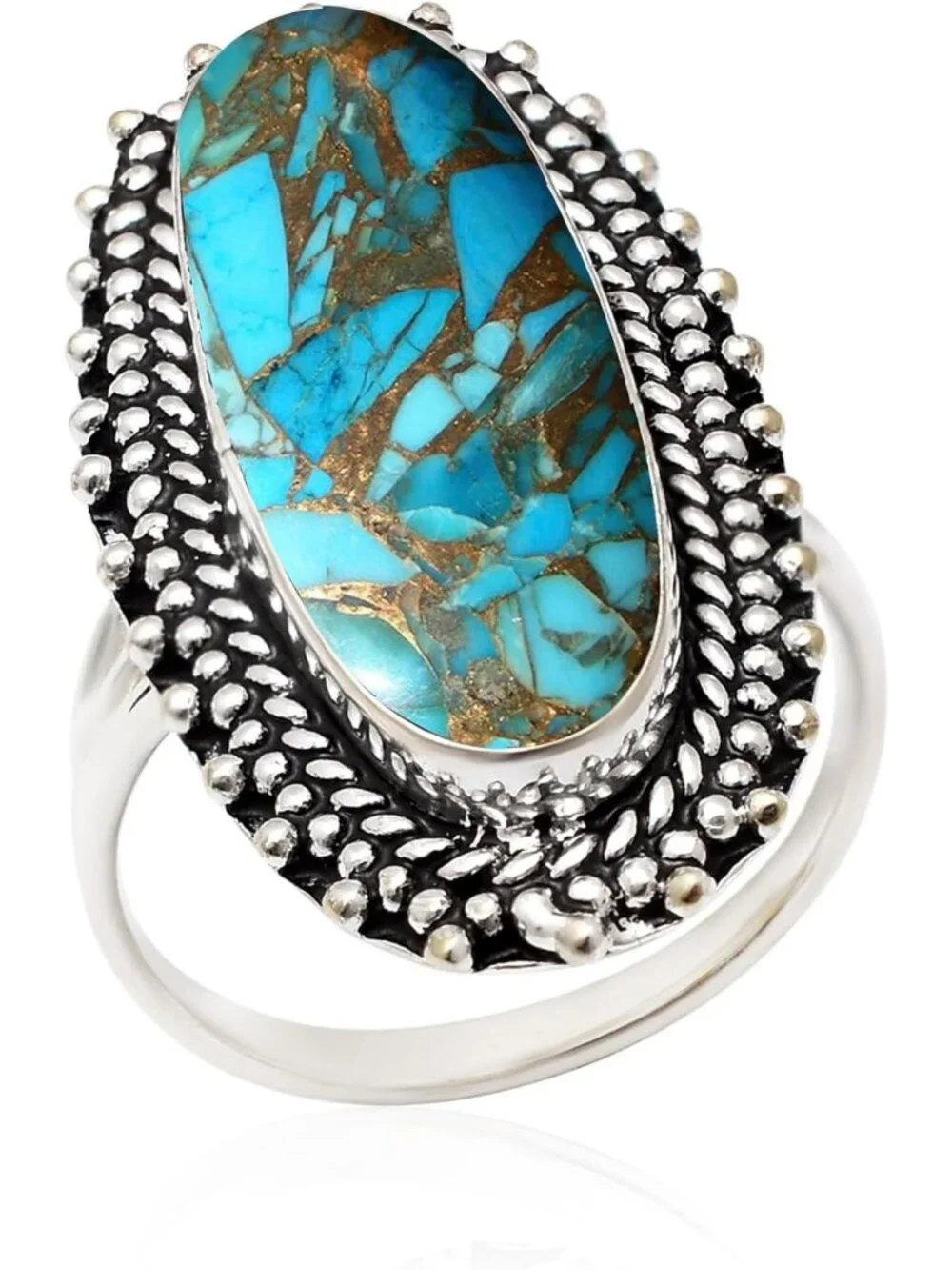 Handmade 925 Sterling Silver Blue Copper Turquoise & Tiger's Eye Statement Ring